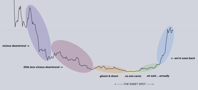 **Caption:** A humorous crypto market cycle chart labeled with phases—"vicious downtrend," "little less vicious downtrend," "gloom & doom," "no one cares," and "we're sooo back"—centered around "THE SWEET SPOT."

**Connection to the post:** The image visually illustrates the post's point about market inefficiency, highlighting the "no one cares" phase as "the sweet spot"—when projects with real fundamentals (revenue, users, treasury, development) get forgotten during post-hype cooldowns, creating an ideal buying opportunity before sentiment reverses.