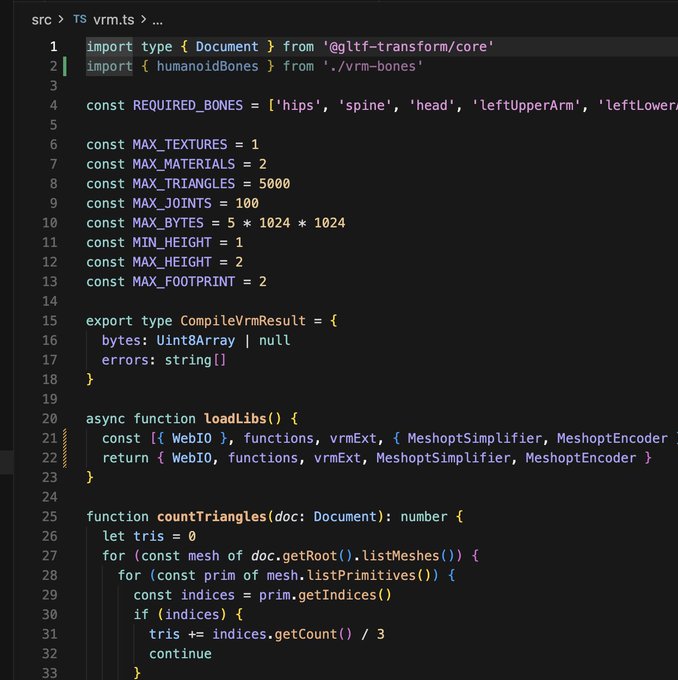 A screenshot of TypeScript code from a file named 'vrm.ts' showing imports for @gltf-transform/core, constants for 3D model limits, and a 'countTriangles' function.