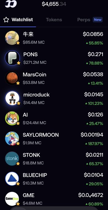 A cryptocurrency watchlist screenshot shows total value of $4,655.34 with tokens including 牛来 (+55.85%), PONS (+78.88%), MarsCoin (+13.41%), microduck (+101.23%), AI (+25.47%), SAYLORMOON (+187.97%), $TONK (+65.37%), BLUECHIP (+29.05%), and GME (+60.89%).