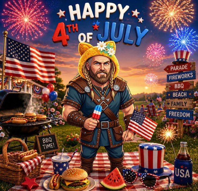 A rugged Viking-like character in patriotic attire enjoys a festive 4th of July barbecue, complete with a "Happy 4th of July" banner, American flag, BBQ grill, hot dogs, watermelon, and signposts listing "Parade, Fireworks, BBQ, Beach, Family, Freedom" — capturing the joyful holiday spirit echoed in the "Happy 4th to all CT" message.