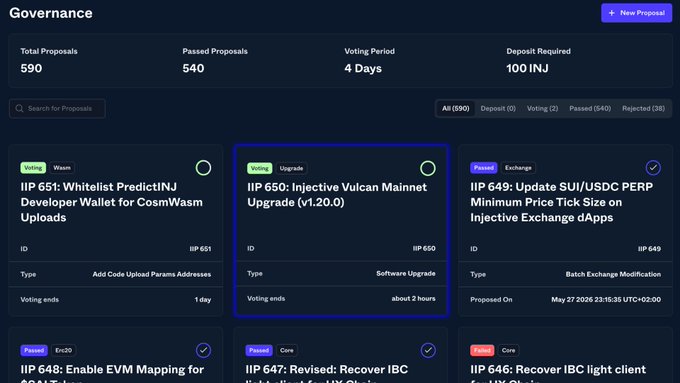 The image shows a screenshot of a website that displays information about an upgrade proposal for the mainnet of the Ethereum blockchain. The proposal suggests using the Injective protocol to improve the settlement layer, which would allow for stablecoins or tokenized RWAs (recoverable wallets) and low-cost execution fees. This new feature could potentially revolutionize the way transactions are processed on the Ethereum network by providing a more efficient and secure method of settling transactions. The image also includes text that reads "New oracle", which might be related to the proposal, but it is unclear from the image alone what this means in the context of the website's content.