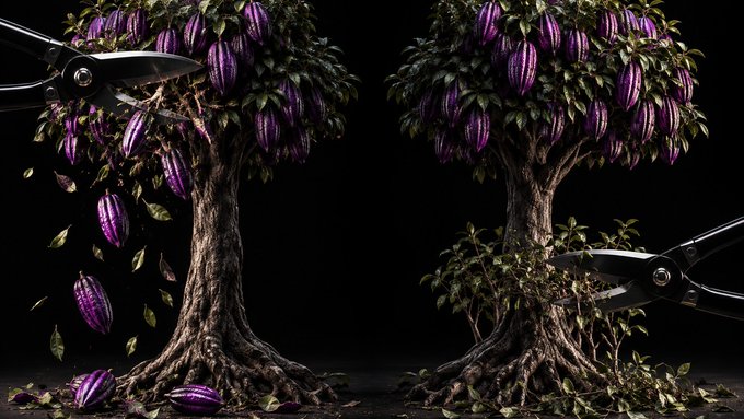 The image shows two identical "money trees" laden with purple fruits, each being pruned by large garden shears—one shears away from the upper branches while the other trims from below—visually echoing the post's theme of how different withdrawal strategies yield different crypto holdings despite identical market returns.