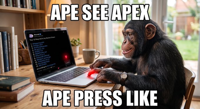 A meme showing a chimpanzee wearing a watch and typing on a laptop, with the text 'APE SEE APEX' above and 'APE PRESS LIKE' below.