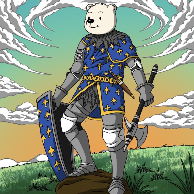 An illustrated scene of a polar bear-headed knight in plate armor with a matching tabard, holding a shield and a halberd while standing on a small hill.
