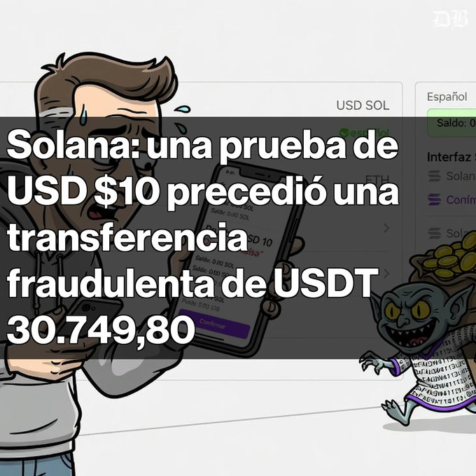 A cartoon illustration showing a man in distress holding a phone with a USD 10 transaction, with Spanish text reading "Solana: una prueba de USD $10 precedió una transferencia fraudulenta de USDT 30.749,80" and a goblin character made of code.
