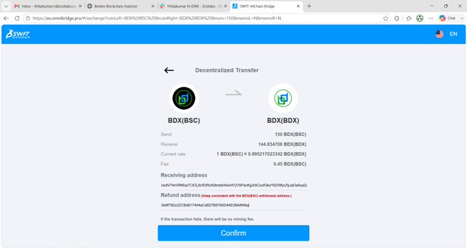 A ZB cryptocurrency exchange interface displaying a 'Decentralized Transfer' swapping 150 BDX(BSC) for approximately 144.83 BDX(BDX) with the receiving and refund addresses visible.