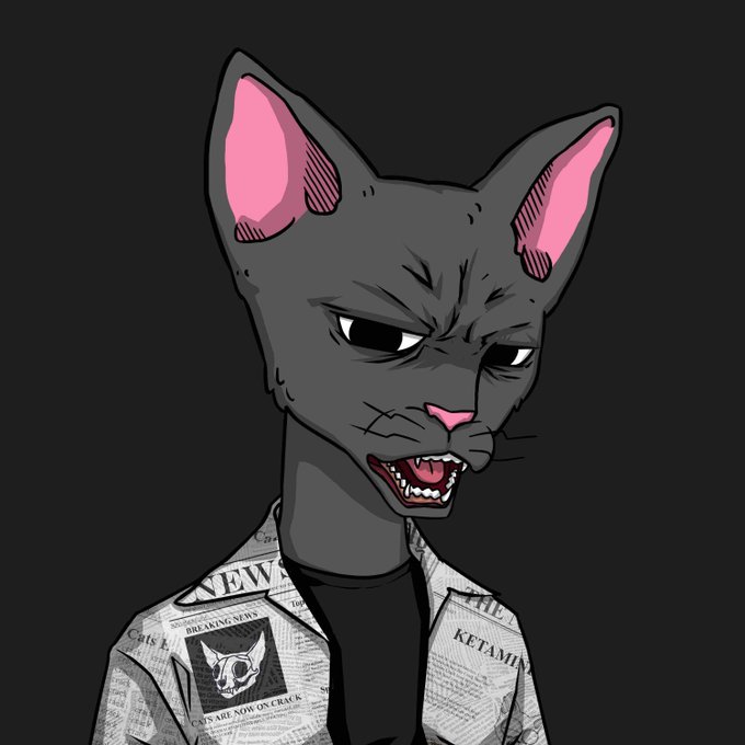 An anthropomorphic gray cat with large pink-lined ears snarls, wearing a shirt printed with newspaper text including "BREAKING NEWS," "KETAMINE," and "NTS ARE NOW ON CRACK" alongside a skull illustration. The dark, edgy aesthetic of the snarling feline paired with the grunge-style typography shirt complements the underground crypto drop promotion for $SOL wallets.