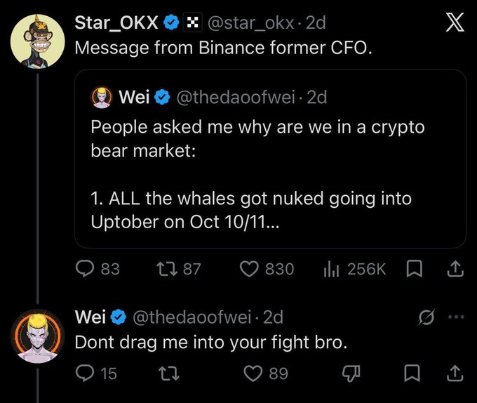 A screenshot of a Twitter/X exchange where @star_okx quotes Binance's former CFO @thedaoofwei commenting on a crypto bear market ('ALL the whales got nuked going into Uptober on Oct 10/11'), with Wei replying 'Dont drag me into your fight bro.'