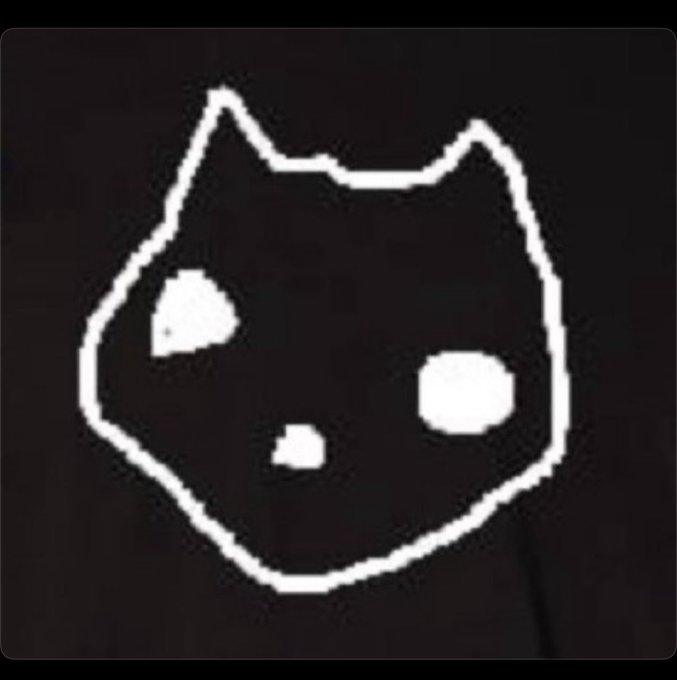 A simple white line drawing of a cat face outline with asymmetrical eyes and a small mouth is featured on a black background.