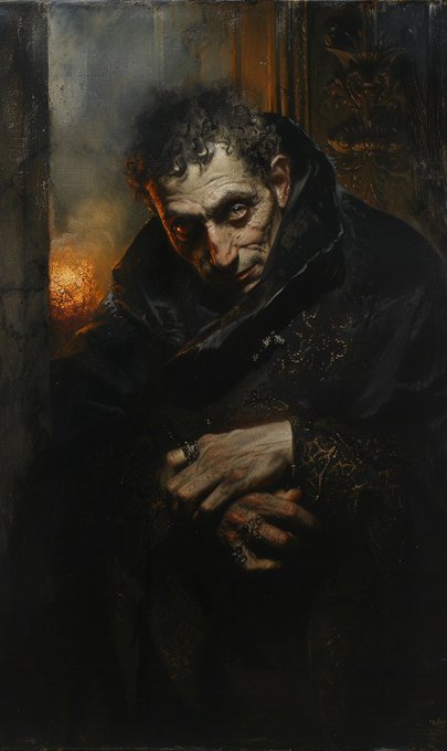 A dark, dramatic portrait painting of a hooded figure with weathered features, wearing rings and dark robes, illuminated by a warm orange light in the background.