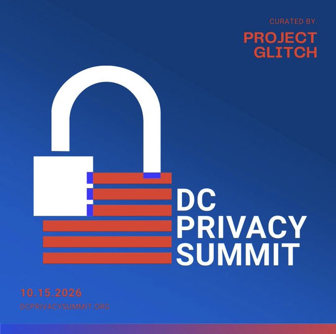 Promotional graphic for 'DC PRIVACY SUMMIT' on '10.15.2026' at 'DCPRIVACYSUMMIT.ORG', curated by 'PROJECT GLITCH', featuring an American flag and padlock design on a blue background.