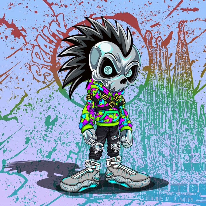 A stylized cartoon illustration of a character with an alien skull head, spiky black hair, and a colorful purple and green patterned jacket, standing against a backdrop of gothic spires.