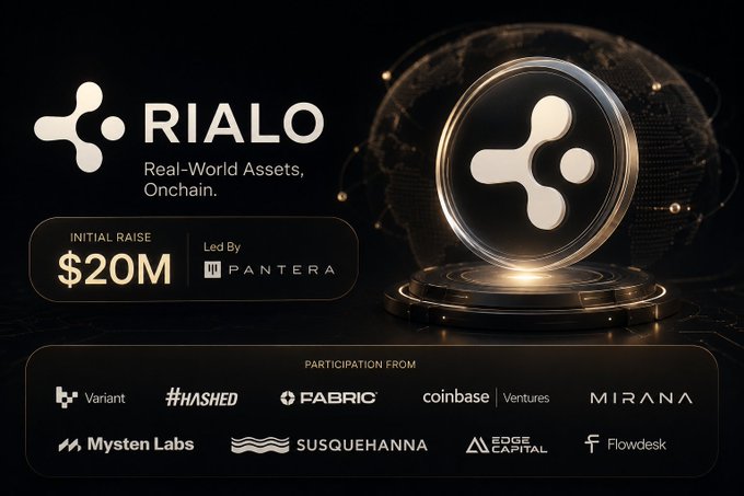 A dark promotional graphic for 'RIALO' with the tagline 'Real-World Assets, Onchain.' showing a glowing metallic coin, an 'INITIAL RAISE $20M' led by Pantera, and logos for participating companies including Variant, Hashed, Fabric, Coinbase Ventures, Mirana, Mysten Labs, Susquehanna, Edge Capital, and Flowdesk.