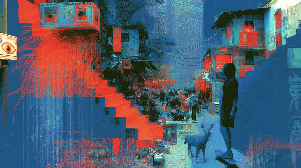 𝙈𝙚 Ξ ✦ ✧✦ ✧✦ ✧✦ ✧✦ 𝙔𝙤𝙪 𝙒𝙖𝙩𝙘𝙝𝙞𝙣𝙜 𝙈𝙚 О @objktcom". The image features a person walking their dog in front of a building with red and blue colors. There is also an orange staircase, which adds to the artistic nature of the scene.