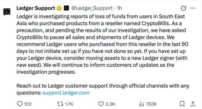 A Ledger Support tweet announcing an investigation into reports of lost funds from Southeast Asian users who purchased from reseller CryptoBilis, recommending affected users not to set up devices.