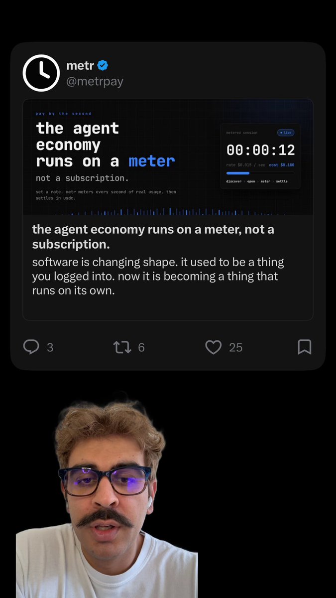 The image shows a man wearing glasses, possibly a Twitter user or a Facebook user with a mustache, who appears to be sharing his thoughts about an economic theory on social media platforms. The caption of the image reads "Looks like @metr is gaining momentum on @base The co founder of @ggdotxyz just shared his thesis on it. Smart whales are accumulating…. Could be the next @vPay_Global but with better tech. And i heard the dev spoke to". This post seems to be discussing the agent economy runs on a meter, and the man is sharing his thoughts about this economic theory in a social media context.