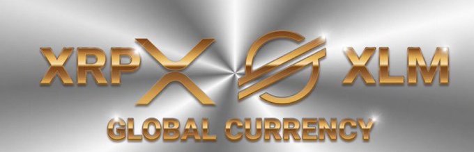 A metallic silver graphic with golden text displaying the logos for XRP and XLM cryptocurrencies, accompanied by the phrase 'GLOBAL CURRENCY' below.