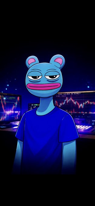A cartoonish illustration of a blue frog-like character with pink lips and ears wearing a blue t-shirt, standing in front of two monitors displaying red cryptocurrency trading charts against a dark blue background.