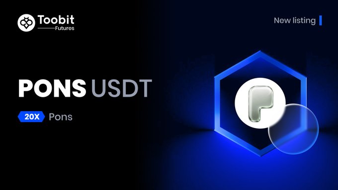 The image is a promotional banner from Toobit Futures announcing a new listing, featuring the Toobit logo in the top left, "New listing" text in the top right, and the bold text "PONS USDT" alongside a "20X" leverage indicator and the name "Pons." A stylized 3D "P" logo in a blue hexagon is displayed on the right against a dark blue background, visually reinforcing the post's announcement to trade the PONSUSDT pair with up to 20X leverage on Toobit.