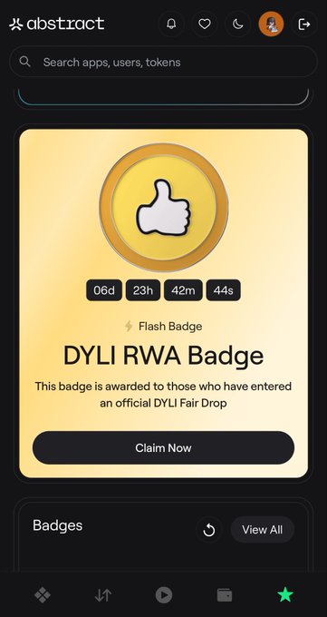 Abstract mobile app interface displaying the DYLI RWA Flash Badge with a 06d 23h 42m 44s countdown timer and a Claim Now button.