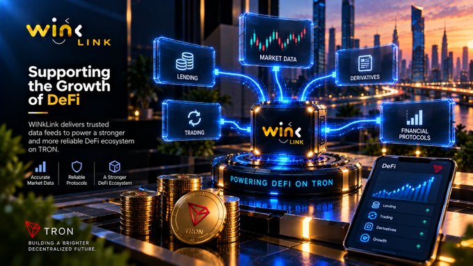 A promotional graphic for 'WinkLink' titled 'Supporting the Growth of DeFi,' showing connections to Market Data, Lending, Derivatives, Trading, and Financial Protocols, with TRON branding and the tagline 'POWERING DEFI ON TRON.'