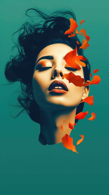 A surreal digital artwork of a woman's face with eyes closed, surrounded by floating orange flower petals against a teal background.