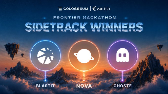 A promotional banner for the 'COLOSSEUM | VANISH FRONTIER HACKATHON SIDETRACK WINNERS', highlighting three projects: BLASTIT, NOVA, and GHOSTE.