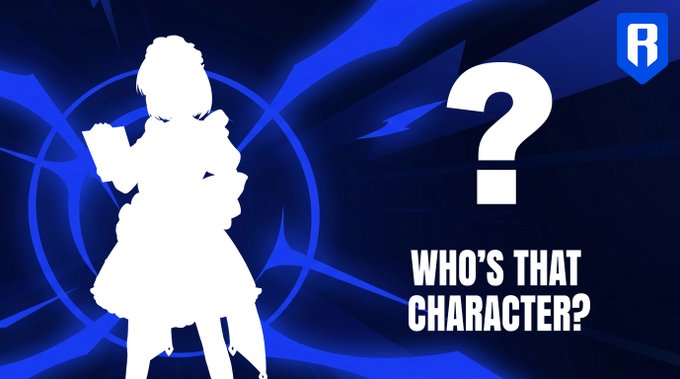 A silhouette of a female character stands against a blue, shattered-glass background next to a large question mark and the text "WHO'S THAT CHARACTER?" from a "Who's That Pokémon"-style social media quiz.