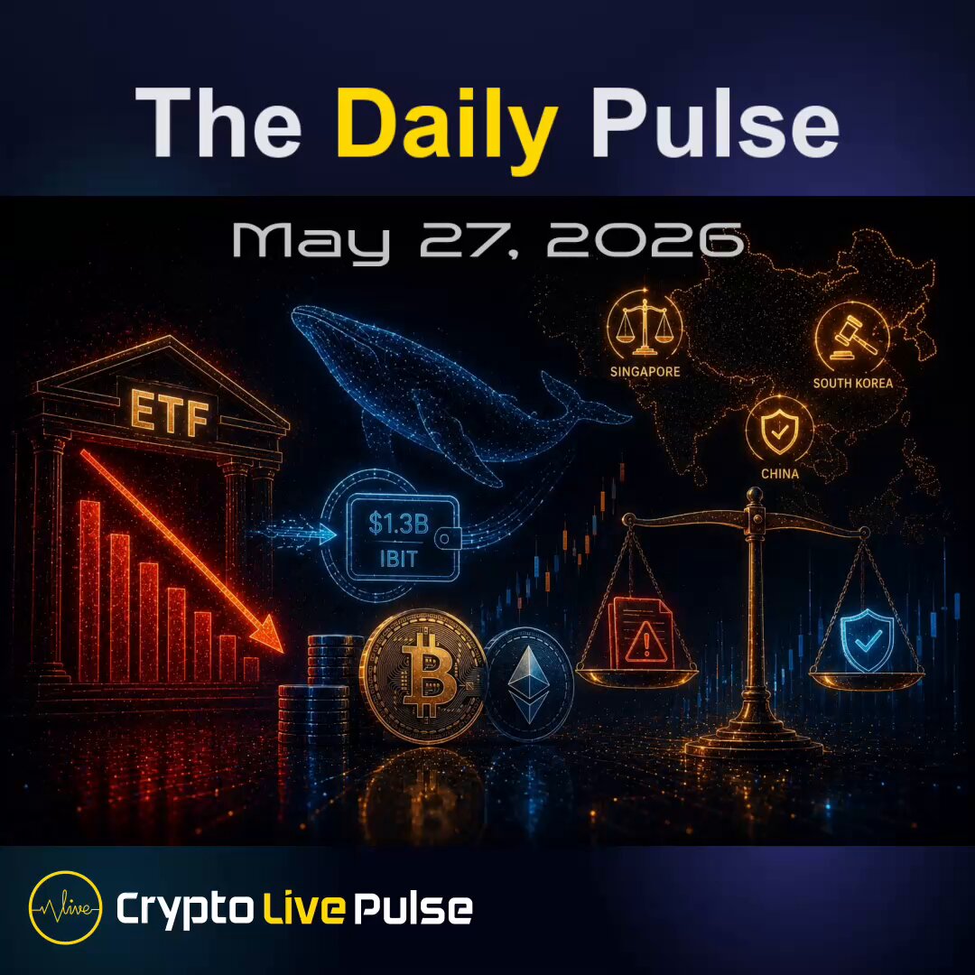 The image displays a poster for "Daily Pulse" featuring various elements related to cryptocurrency. One of these elements shows Bitcoin, a digital currency, displayed against a background featuring two graphs - one depicting Bitcoin's value decreasing over time, and another showing its value increasing slightly. The text below the graph reads "Bitcoin is lower but macro looks calmer", indicating that the cryptocurrency has experienced fluctuations in value despite some improvement in recent months. This poster also mentions Bitcoin ETF outflows on May 27, 2016, implying an event related to this coin during that time period.