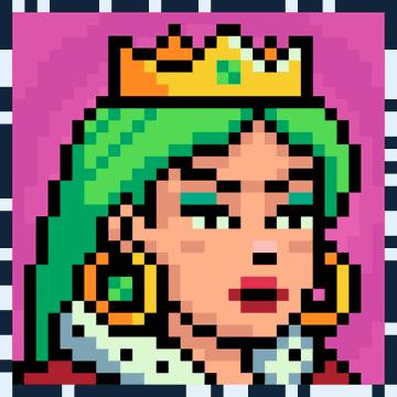 A pixel art portrait depicts a green-haired woman wearing a gold crown and large hoop earrings against a pink background with a checkered border.