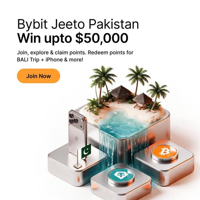 A promotional advertisement for Bybit 'Jeeto Pakistan' offering a chance to win up to $50,000, featuring a 'Join Now' button and a 3D render of a tropical island with a waterfall, an iPhone, a Pakistani flag, and Bitcoin and Tether coins.