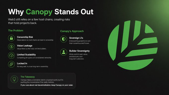 A presentation slide titled 'Why Canopy Stands Out' comparing Web3 host chain problems like censorship risk and value leakage with Canopy's approach featuring sovereign L1s and builder sovereignty.