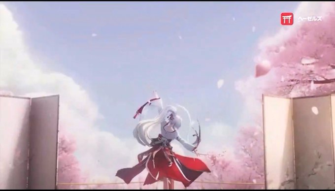 An anime-style illustration of a silver-haired character in a red and white outfit standing under cherry blossom trees against a bright sky, with a watermark in the corner.