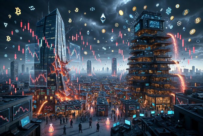 A digital art illustration of a futuristic cityscape with Bitcoin logos, cryptocurrency symbols, and red downward-trending financial charts raining down amidst dramatic lighting.
