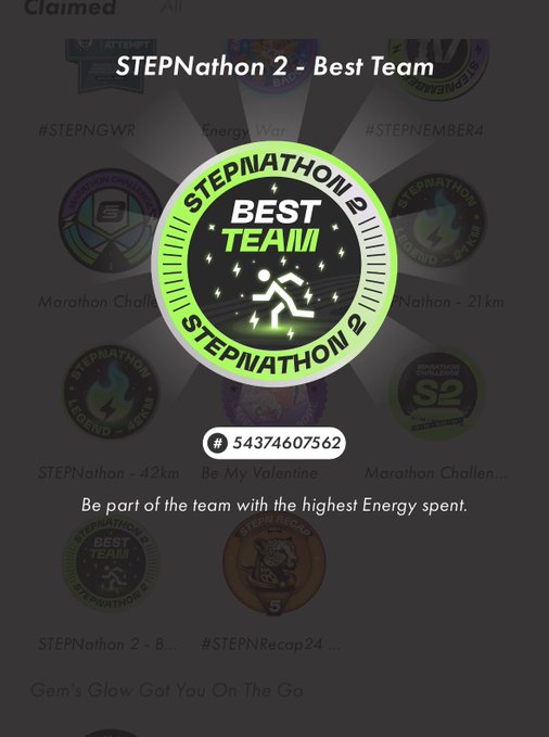 STEPNathon 2 'Best Team' NFT badge #54374607562, awarded to the team with the highest Energy spent.