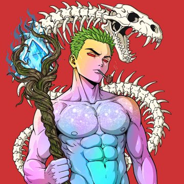 An anime-style illustration depicts a muscular green-haired man with a galaxy-patterned chest holding a staff topped with a blue crystal, standing in front of a large white dragon skeleton against a red background.