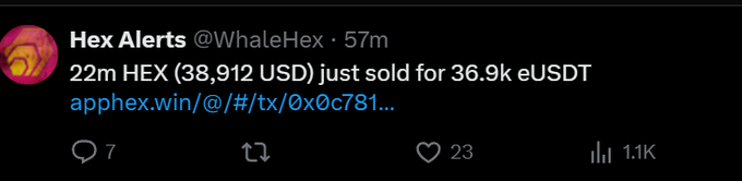 The image is a tweet from Hex Alerts (@WhaleHex) reporting that 22 million HEX (worth $38,912 USD) was just sold for 36.9k eUSDT, with a link to apphex.win. The tweet serves as a warning that selling off large HEX positions can result in losing millions of units due to slippage, making it nearly impossible to buy back in at the same price.
