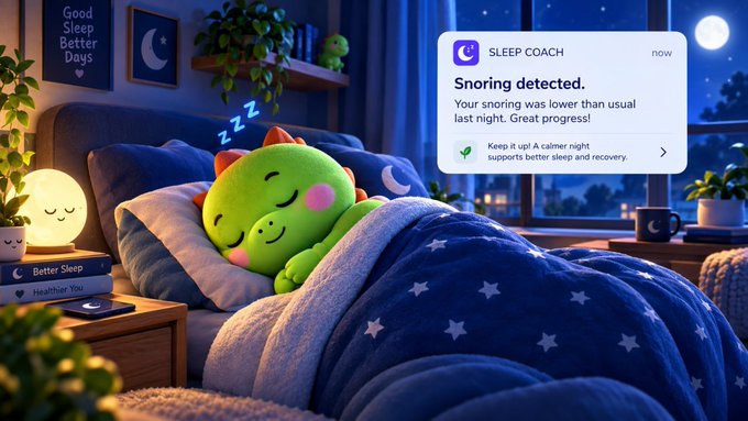 A 3D-rendered green dinosaur-like creature sleeps peacefully in a star-patterned bed under a blue night sky, while a 'SLEEP COACH' notification pops up reading 'Snoring detected. Your snoring was lower than usual last night. Great progress!'