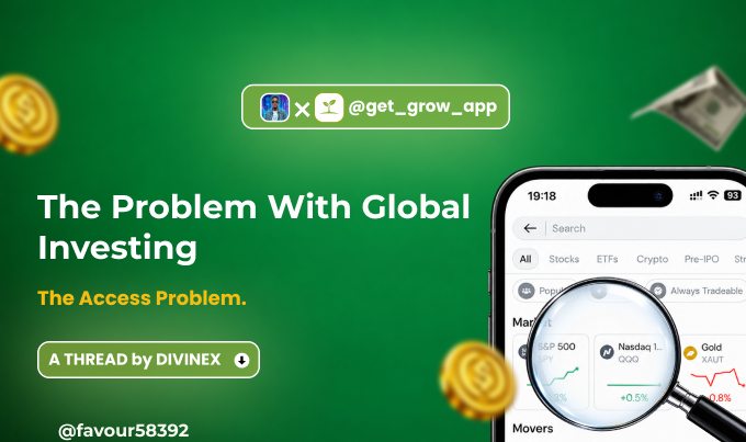 A social media graphic with green background reads 'The Problem With Global Investing - The Access Problem.' and 'A THREAD by DIVINEX', featuring a phone displaying a stock app and '@get_grow_app'.