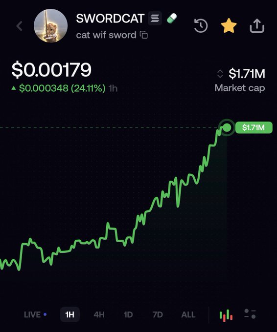 A cryptocurrency price chart for SWORDCAT ('cat wif sword') showing a price of $0.000179 with a 24.11% gain over 1 hour and a $1.71M market cap.