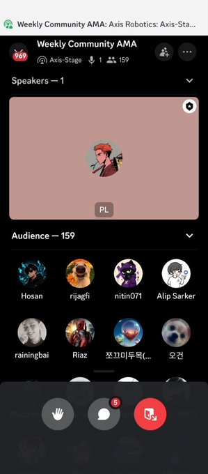 A mobile app screenshot showing a 'Weekly Community AMA: Axis Robotics: Axis-Stage' voice chat with 869 participants, featuring speaker 'PL' and 159 audience members displayed as user avatars.