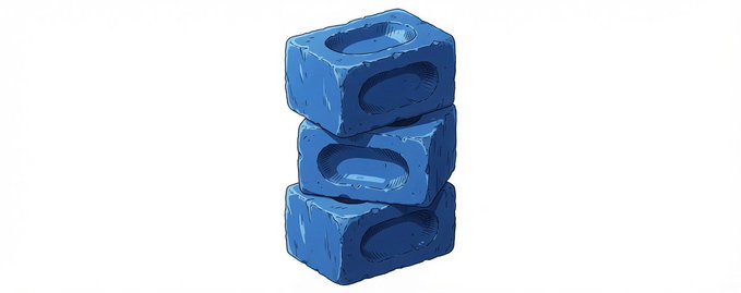 A stylized 3D illustration of three stacked blue cinder blocks with a circular hole through each, rendered against a white background.
