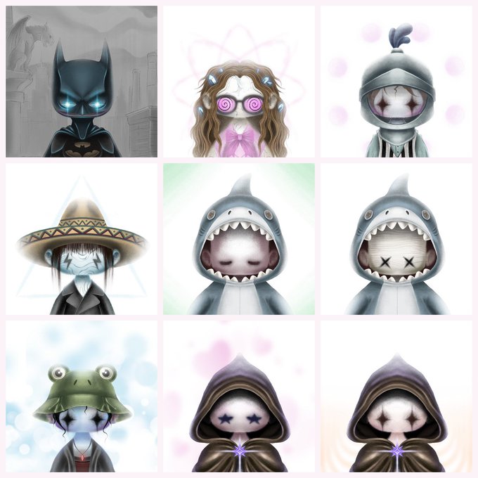 A grid of nine chibi-style avatar portraits, each featuring unique characters including Batman, a figure with spiral glasses, knights in armor, a shark-costumed character, and hooded figures with star eyes.
