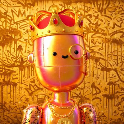A 3D-rendered, stylized golden character wearing a crown and monocle against a graffiti-covered yellow background.