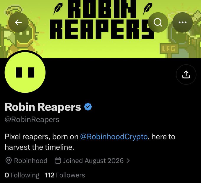 A Twitter/X profile for 'Robin Reapers' (@RobinReapers) with the bio 'Pixel reapers, born on @RobinhoodCrypto, here to harvest the timeline,' showing 112 followers.