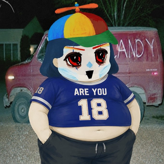 An illustration of a character with dark hair, a propeller hat, and a blue jersey reading 'ARE YOU 18' standing in front of a red van marked 'CANDY'.