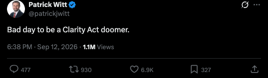 The image shows a tweet from Patrick Witt (@patrickwitt) that reads, "Bad day to be a Clarity Act doomer," posted at 6:38 PM on Sep 12, 2026, with 1.1M views, 477 replies, 930 reposts, 6.9K likes, and 327 bookmarks. The tweet, referenced in the accompanying post, signals optimism about the upcoming CLARITY Act vote on September 15, suggesting it could be a significant catalyst for the crypto market.