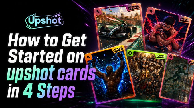 A thumbnail-style graphic titled 'How to Get Started on Upshot cards in 4 Steps' displaying five colorful collectible cards with various character and racing designs.