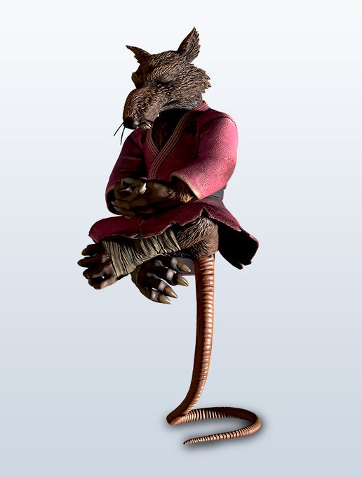 A 3D rendering of a small, furry creature with animal features, dressed in a red martial arts-style robe, sitting cross-legged with arms folded on a long, segmented tail.