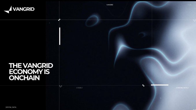 A sleek digital graphic for 'VANGRID' with the tagline 'THE VANGRID ECONOMY IS ONCHAIN' set against an abstract dark background with flowing blue-white light patterns.